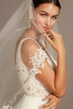 Lace Applique Pearl Scalloped Mid-Length Veil -Blissful Brides Shop V539 MIVORY VLS OM PROD9 113