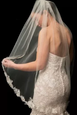 Cutout Lace Edge Mid-Length Veil With Sequins -Blissful Brides Shop V618 PDP Crop MAR8 1920x2880