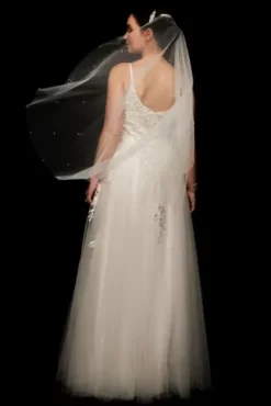 Allover Pearl-Embellished Mid-Length Veil -Blissful Brides Shop V676F PDP Crop MAR8 1920x2880