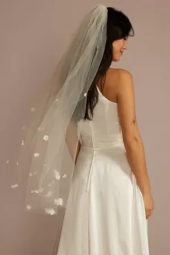 Flower And Pearl Embellished Mid-Length Veil -Blissful Brides Shop V679 MIVORY VLS PROD2 760
