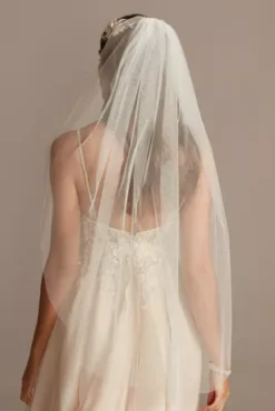 Gathered Tulle Fingertip Veil With Allover Glitter -Blissful Brides Shop V814 MIVORY VLS OM PROD12 040