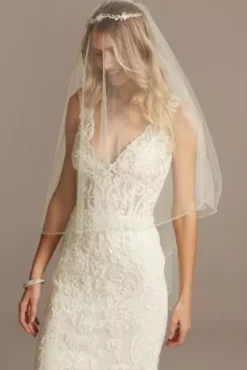 Two Tier Fingertip Veil With Beaded Edge -Blissful Brides Shop V816 MIVORY VLS OM PROD12 049