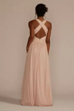 Mesh Long Bridesmaid Dress With Crisscross Back -Blissful Brides Shop W10974 SAND BM PROD9 V2 107 back