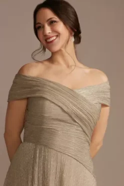Pleated Metallic Off-the-Shoulder Dress 7 Pleated Metallic Off-the-Shoulder Dress -Blissful Brides Shop WBM2261 GOLD MOB PROD3 057