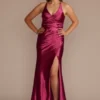 Ruched V-Neck Stretch Satin Sheath Gown With Slit -Blissful Brides Shop WBM2299 MULBERRY JRPRTY PROD6 2873