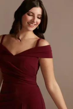 Off-the-Shoulder Ruched Crepe Mermaid Dress -Blissful Brides Shop WBM2427V4 WINE MOB PROD2 175