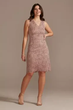 Glitter Lace Short V-Neck Sheath Dress And Jacket -Blissful Brides Shop WBM2433 BLUSH MOB PROD2 025