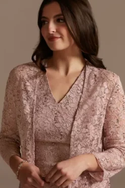 Glitter Lace Short V-Neck Sheath Dress And Jacket -Blissful Brides Shop WBM2433 BLUSH MOB PROD2 078