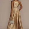Satin High Neck Illusion Waist A-Line Dress -Blissful Brides Shop WBM2452V2 GOLDEN PRM PROD9 026