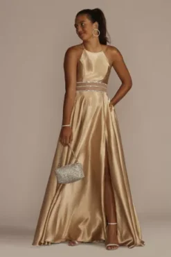 Satin High Neck Illusion Waist A-Line Dress