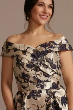 Metallic Brocade Off-the-Shoulder High-Low Gown -Blissful Brides Shop WBM2502 MCHAMPAGNE MOB PROD3 172