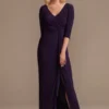 Three-Quarter Sleeve Wrap Front Sheath Gown -Blissful Brides Shop WBM2503 EGGPLANT MOB PROD7 9