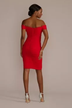 Off-the-Shoulder Mesh Mini Sheath Dress 6 Off-the-Shoulder Mesh Mini Sheath Dress -Blissful Brides Shop WBM2525V1 VALENTINA PRTY PROD5 V2 099