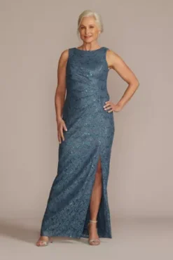 Draped Lace Floor-Length Dress With Matching Shawl -Blissful Brides Shop WBM2537 STEELEBLUE MOB PROD2 062