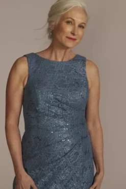 Draped Lace Floor-Length Dress With Matching Shawl -Blissful Brides Shop WBM2537 STEELEBLUE MOB PROD2 070