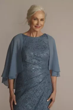 Draped Lace Floor-Length Dress With Matching Shawl -Blissful Brides Shop WBM2537 STEELEBLUE MOB PROD2 101