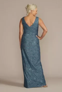 Draped Lace Floor-Length Dress With Matching Shawl -Blissful Brides Shop WBM2537 STEELEBLUE MOB PROD2 162