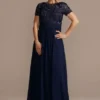 Floor Length Sheath Gown With Lace Bodice -Blissful Brides Shop WBM2575 MARINE MOB PROD6 094