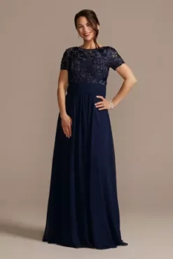 Floor Length Sheath Gown With Lace Bodice