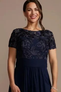 Floor Length Sheath Gown With Lace Bodice -Blissful Brides Shop WBM2575 MARINE MOB PROD6 129