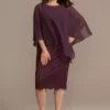 Short Lace Sheath Dress With Asymmetrical Capelet -Blissful Brides Shop WBM2580 PLUM MOB PROD4 010