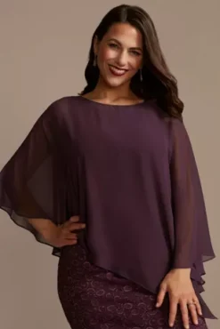 Short Lace Sheath Dress With Asymmetrical Capelet -Blissful Brides Shop WBM2580 PLUM MOB PROD4 041