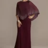Jersey Cape Gown With Sparkle Embellishment -Blissful Brides Shop WBM2640 WINE MOB PROD6 019