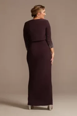 Jersey Tank Dress With Sparkle Embellished Jacket -Blissful Brides Shop WBM2733 MEGGPLANT MOB PROD7 493