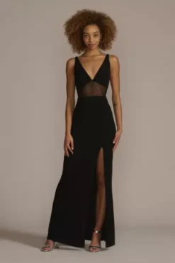 Floor Length Crepe Gown With Beaded Mesh Detail