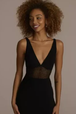 Floor Length Crepe Gown With Beaded Mesh Detail -Blissful Brides Shop WBM2787 BLACK PROM PROD12 050