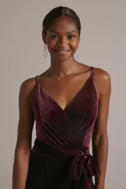 V-Neck Velvet Jumpsuit With Tie Waist -Blissful Brides Shop WBM2796 WINE PRTY PROD12 0169