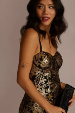 Corset Bodice Floral Knee-Length Sheath -Blissful Brides Shop WBM2808 BLKGOLD PARTY PROD11 3721