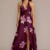 Floor Length Floral Print Halter A-Line With Slit