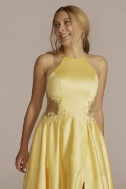 Satin Halter A-Line With Illusion Cutouts -Blissful Brides Shop WBM2864 CANARY PROM PROD12 095