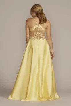 Satin Halter A-Line With Illusion Cutouts -Blissful Brides Shop WBM2864 CANARY PROM PROD12 135