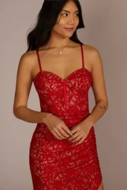 Allover Lace Corset Sheath With Side Slit -Blissful Brides Shop WBM2897 RUBY PARTY PROD1 075