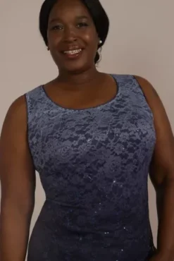 Plus Size Short Ombre Stretch Lace Tank Dress -Blissful Brides Shop WBM2979V3W NAVY MOB PROD4 090