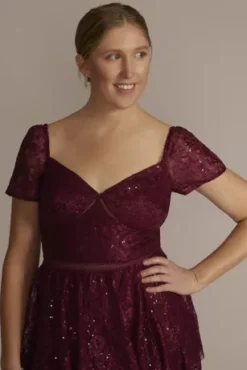 Short Sleeve Illusion Lace Tiered Ruffle Dress -Blissful Brides Shop WBM2996 CHAMBORD PARTY PROD2 082