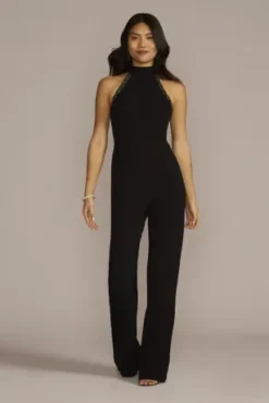 Beaded Halter Crepe Jumpsuit