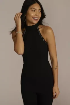 Beaded Halter Crepe Jumpsuit -Blissful Brides Shop WBM3013 BLACK PARTY PROD1 122
