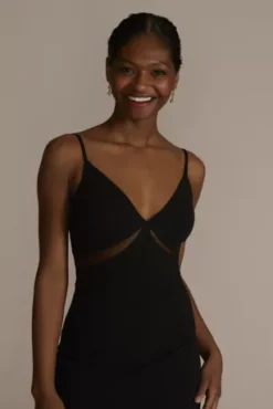 Illusion Cutout Stretch Crepe Sheath With Slit -Blissful Brides Shop WBM3019 BLACK PARTY PROD2 058