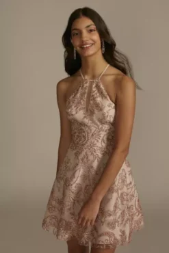 Glitter Patterned Mini A-Line Damas Dress -Blissful Brides Shop WBM3059 MROSEGLDMTL DAMAS PROD1 071