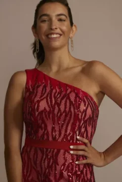 Sequin Lace One Shoulder Sheath Gown -Blissful Brides Shop WBM3087 RED PRTY PROD9 646