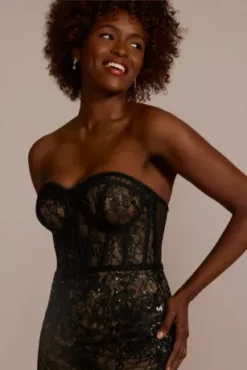 Strapless Corset Gown With Tulle Trumpet Skirt -Blissful Brides Shop WBM3095 BLACK PRTY PROD4 115