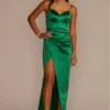 Draped Stretch Satin Sweetheart Dress With Slit -Blissful Brides Shop WBM3149 EMERALD JRPRTY PROD9 V2 034