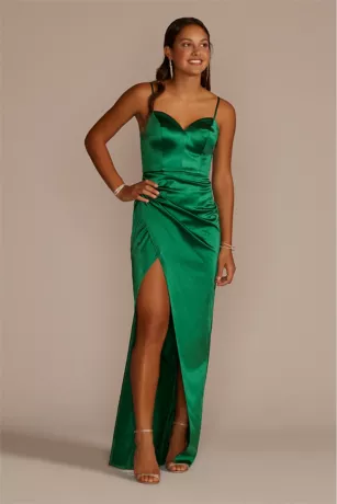 Draped Stretch Satin Sweetheart Dress With Slit 3 Draped Stretch Satin Sweetheart Dress With Slit