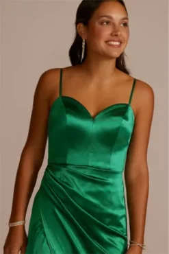 Draped Stretch Satin Sweetheart Dress With Slit 7 Draped Stretch Satin Sweetheart Dress With Slit -Blissful Brides Shop WBM3149 EMERALD JRPRTY PROD9 V2 065