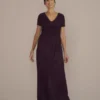 Cap Sleeve Glitter Knit Gown With Slit -Blissful Brides Shop WBM3155 PLUM MOB PROD4 052