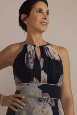 High-Neck Floral A-Line Gown With Keyholes -Blissful Brides Shop WBM3178 NAVYMULTI MOB PROD4 087