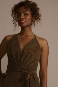 Metallic Tie-Waist Jumpsuit With Crisscross Back -Blissful Brides Shop WBM3182 COPPER PRTY PROD7 2336